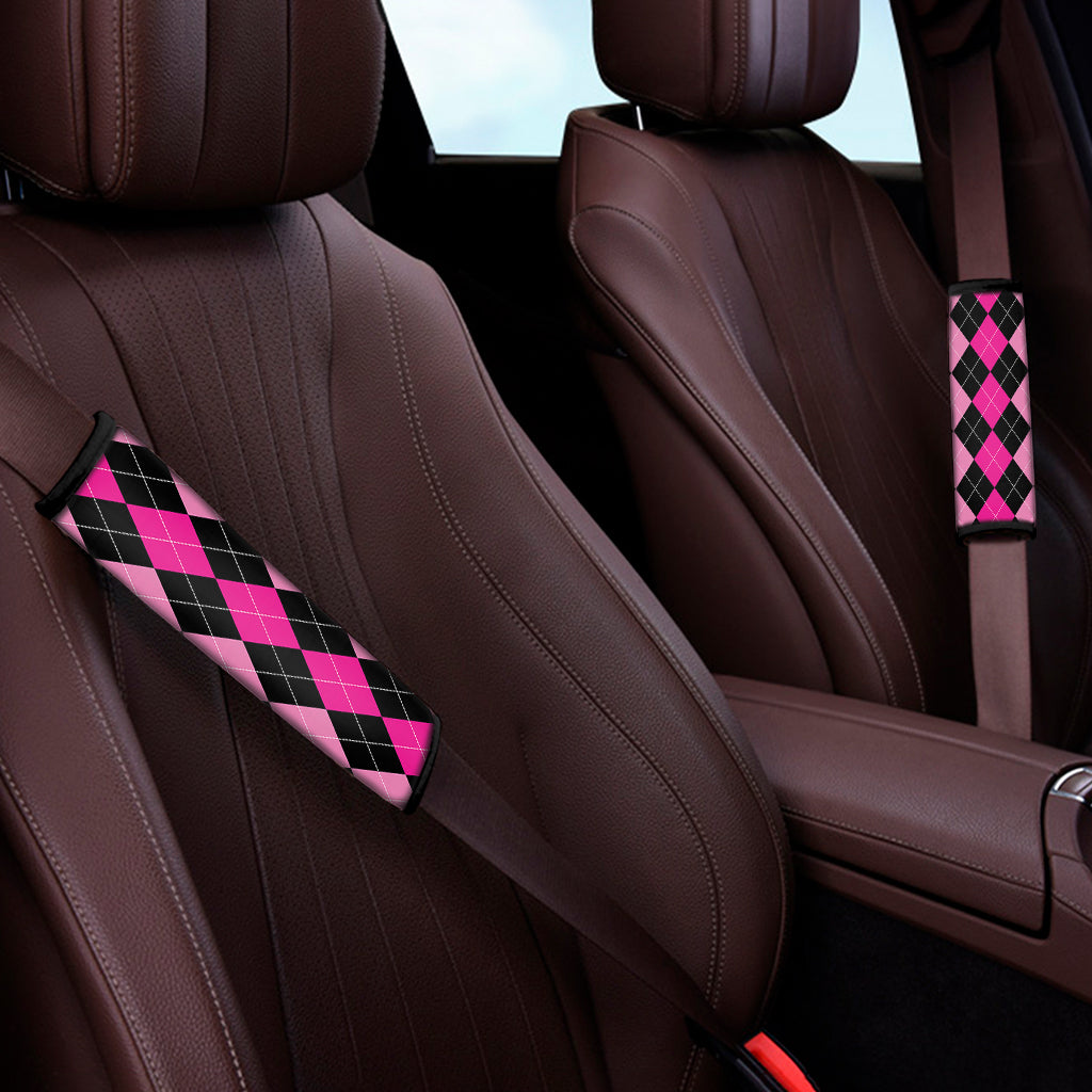Black And Deep Pink Argyle Pattern Print Car Seat Belt Covers