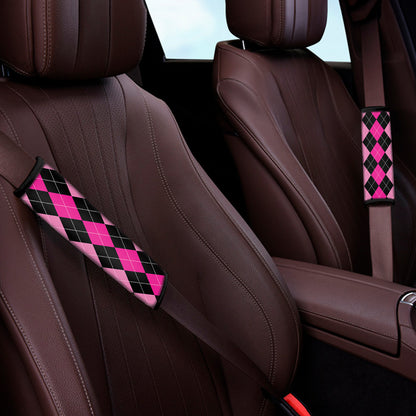 Black And Deep Pink Argyle Pattern Print Car Seat Belt Covers