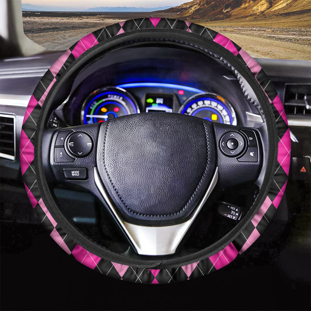 Black And Deep Pink Argyle Pattern Print Car Steering Wheel Cover