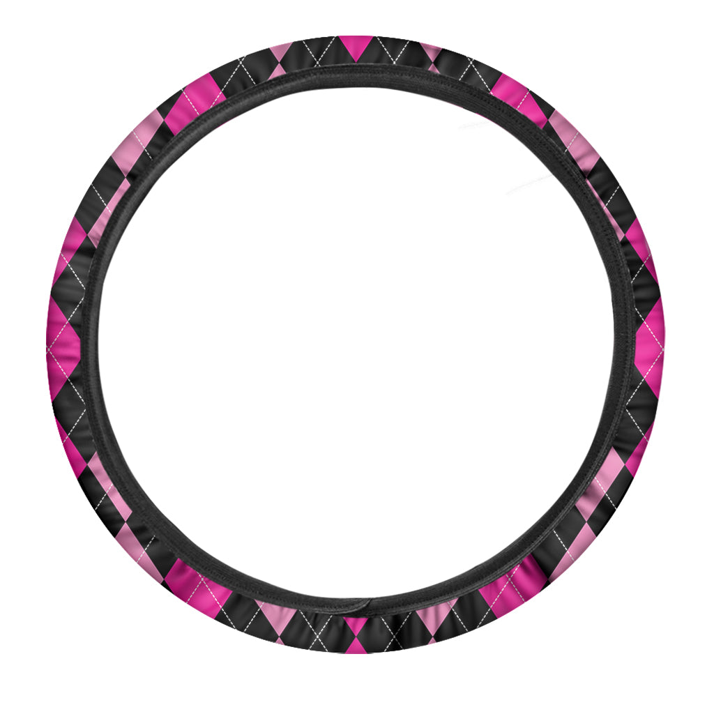 Black And Deep Pink Argyle Pattern Print Car Steering Wheel Cover