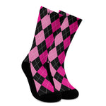 Black And Deep Pink Argyle Pattern Print Crew Socks