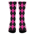 Black And Deep Pink Argyle Pattern Print Crew Socks