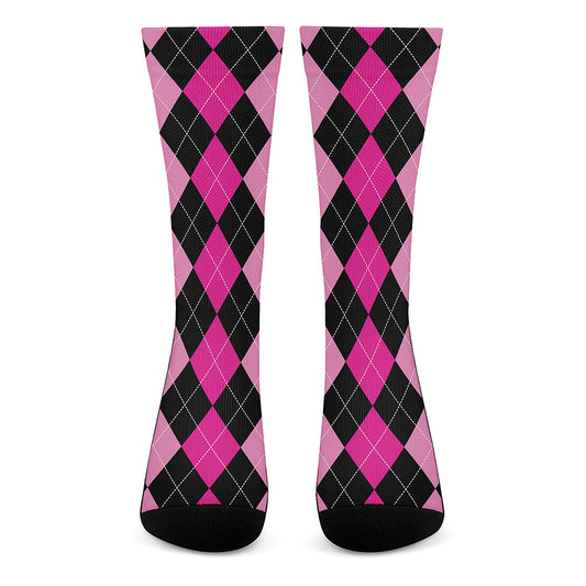 Black And Deep Pink Argyle Pattern Print Crew Socks