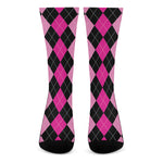 Black And Deep Pink Argyle Pattern Print Crew Socks