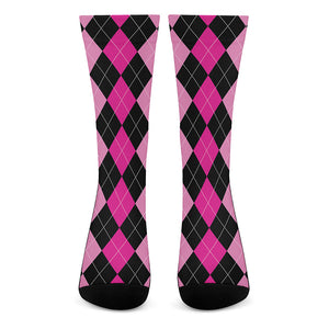 Black And Deep Pink Argyle Pattern Print Crew Socks