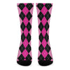 Black And Deep Pink Argyle Pattern Print Crew Socks