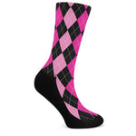 Black And Deep Pink Argyle Pattern Print Crew Socks