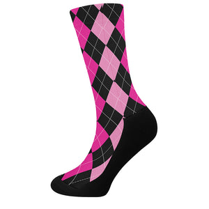 Black And Deep Pink Argyle Pattern Print Crew Socks