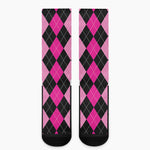 Black And Deep Pink Argyle Pattern Print Crew Socks