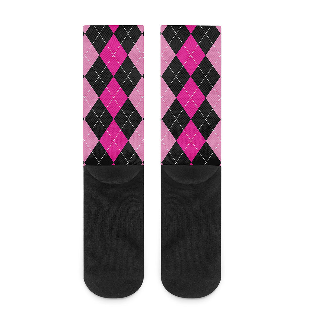 Black And Deep Pink Argyle Pattern Print Crew Socks