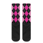 Black And Deep Pink Argyle Pattern Print Crew Socks