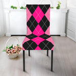 Black And Deep Pink Argyle Pattern Print Dining Chair Slipcover