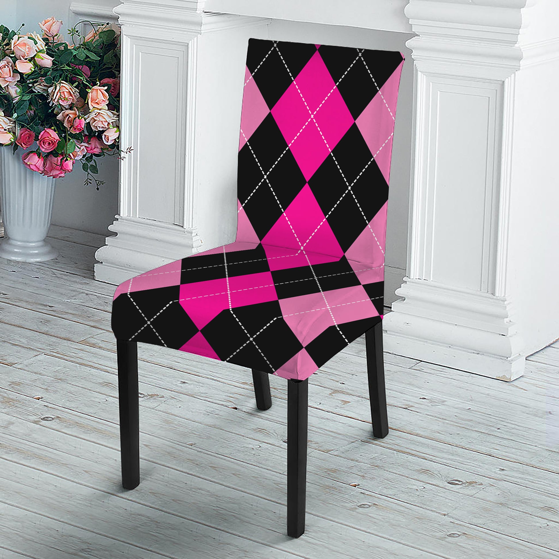 Black And Deep Pink Argyle Pattern Print Dining Chair Slipcover