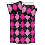 Black And Deep Pink Argyle Pattern Print Duvet Cover Bedding Set