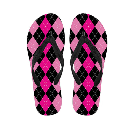 Black And Deep Pink Argyle Pattern Print Flip Flops