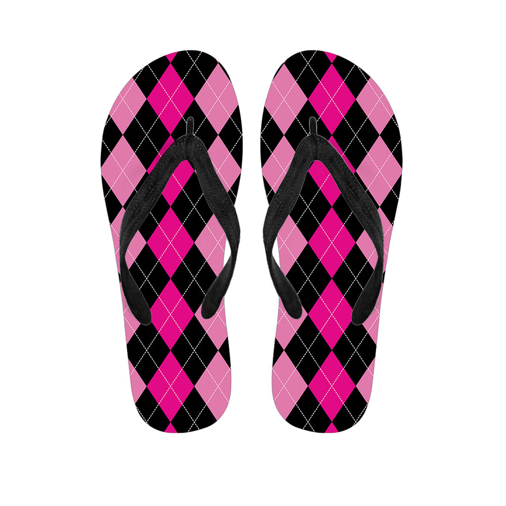 Black And Deep Pink Argyle Pattern Print Flip Flops