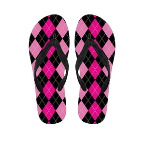 Black And Deep Pink Argyle Pattern Print Flip Flops