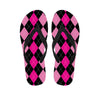 Black And Deep Pink Argyle Pattern Print Flip Flops