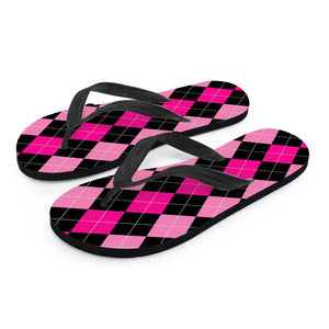 Black And Deep Pink Argyle Pattern Print Flip Flops