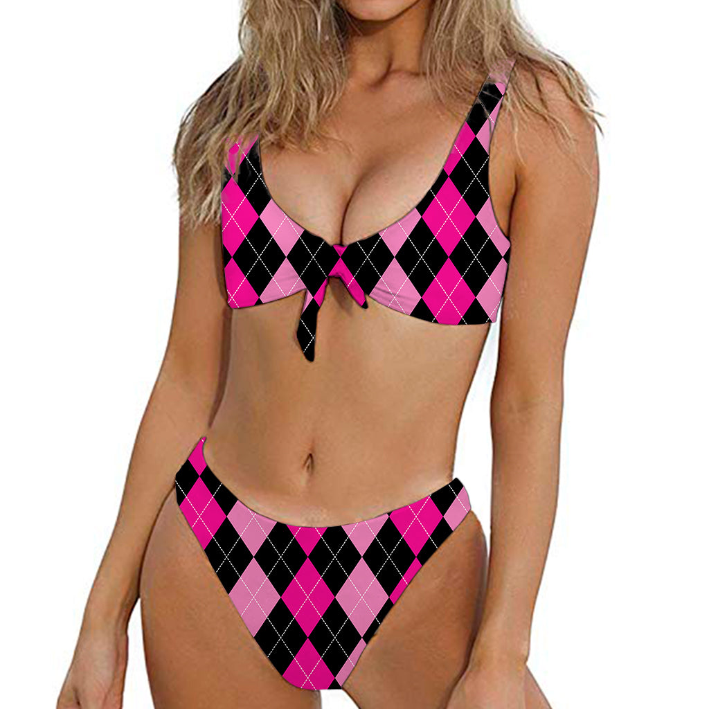 Black And Deep Pink Argyle Pattern Print Front Bow Tie Bikini