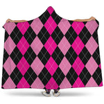 Black And Deep Pink Argyle Pattern Print Hooded Blanket