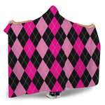 Black And Deep Pink Argyle Pattern Print Hooded Blanket
