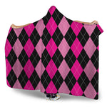 Black And Deep Pink Argyle Pattern Print Hooded Blanket