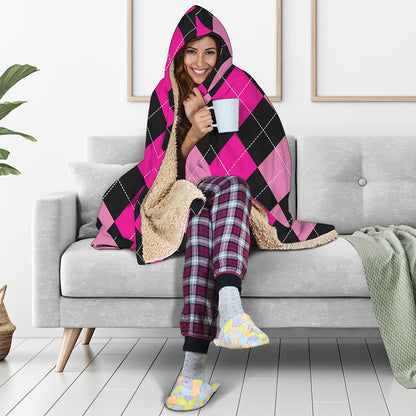 Black And Deep Pink Argyle Pattern Print Hooded Blanket