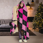 Black And Deep Pink Argyle Pattern Print Hooded Blanket