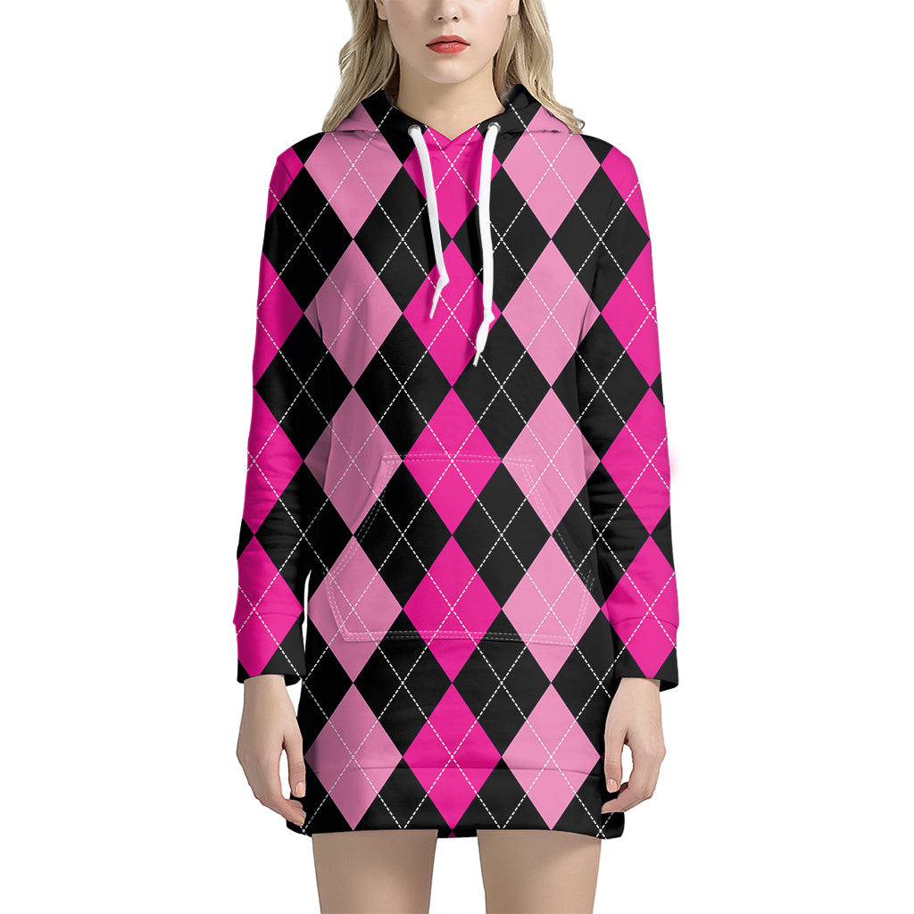 Black And Deep Pink Argyle Pattern Print Hoodie Dress