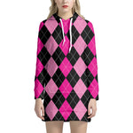 Black And Deep Pink Argyle Pattern Print Hoodie Dress