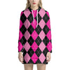 Black And Deep Pink Argyle Pattern Print Hoodie Dress