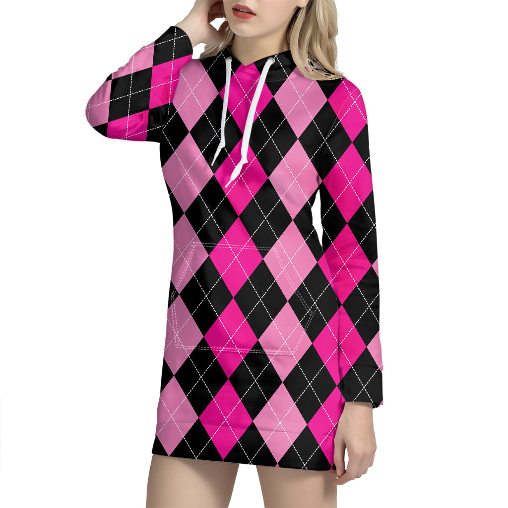 Black And Deep Pink Argyle Pattern Print Hoodie Dress