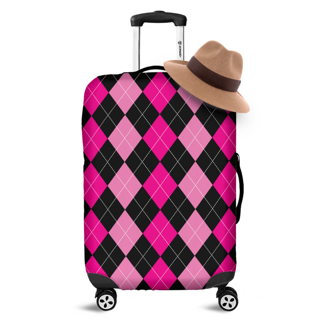 Black And Deep Pink Argyle Pattern Print Luggage Cover