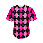 Black And Deep Pink Argyle Pattern Print Men's Baseball Jersey