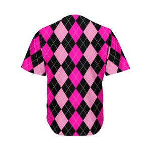 Black And Deep Pink Argyle Pattern Print Men's Baseball Jersey