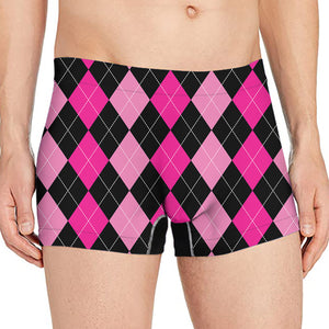 Black And Deep Pink Argyle Pattern Print Men's Boxer Briefs