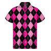 Black And Deep Pink Argyle Pattern Print Men's Short Sleeve Shirt