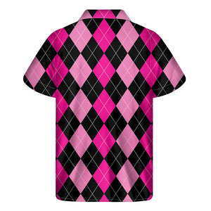 Black And Deep Pink Argyle Pattern Print Men's Short Sleeve Shirt