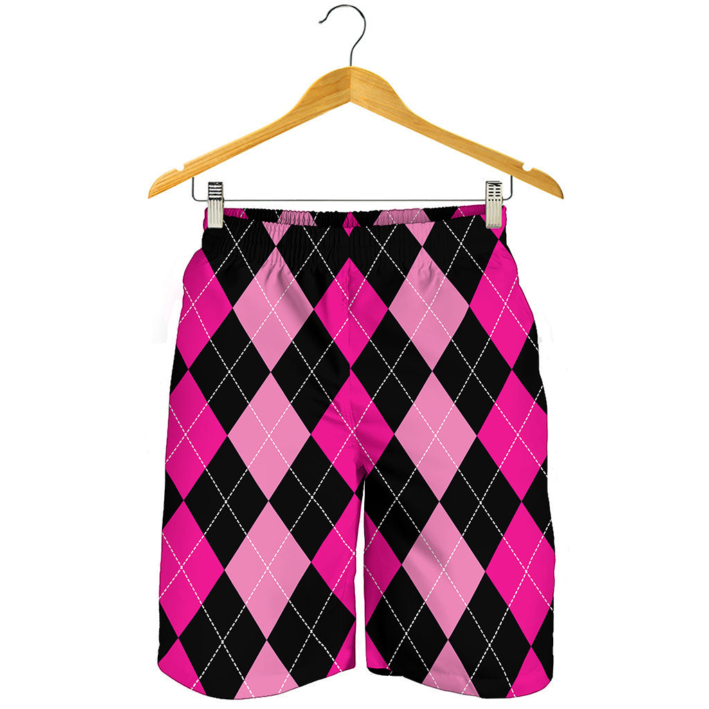 Black And Deep Pink Argyle Pattern Print Men's Shorts