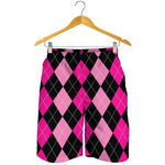 Black And Deep Pink Argyle Pattern Print Men's Shorts