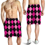 Black And Deep Pink Argyle Pattern Print Men's Shorts