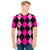 Black And Deep Pink Argyle Pattern Print Men's T-Shirt