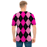 Black And Deep Pink Argyle Pattern Print Men's T-Shirt