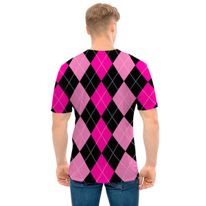 Black And Deep Pink Argyle Pattern Print Men's T-Shirt