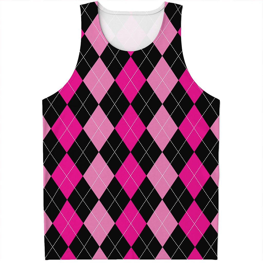 Black And Deep Pink Argyle Pattern Print Men's Tank Top