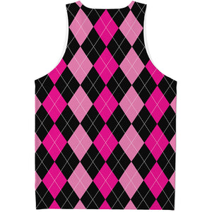 Black And Deep Pink Argyle Pattern Print Men's Tank Top