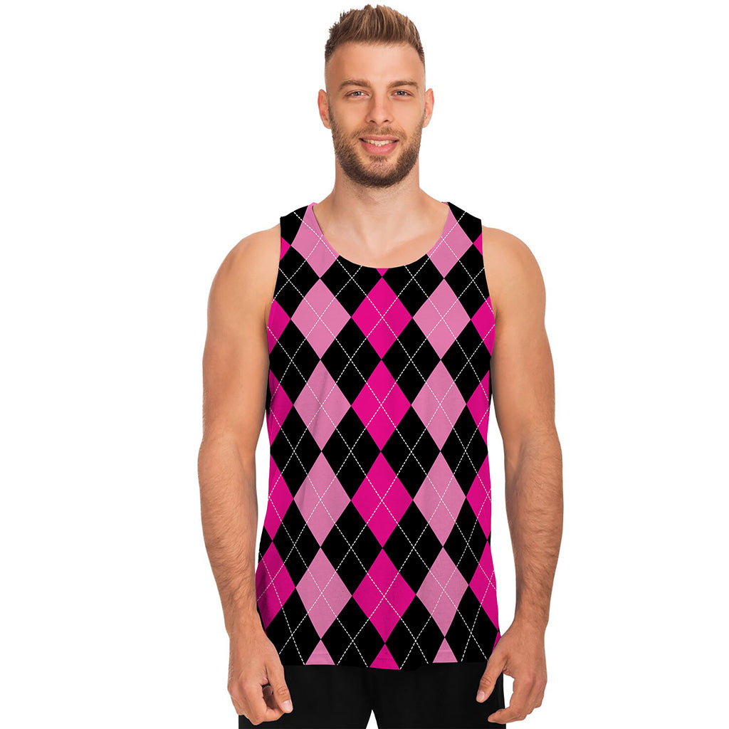 Black And Deep Pink Argyle Pattern Print Men's Tank Top