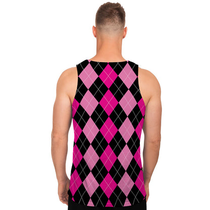 Black And Deep Pink Argyle Pattern Print Men's Tank Top