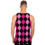 Black And Deep Pink Argyle Pattern Print Men's Tank Top